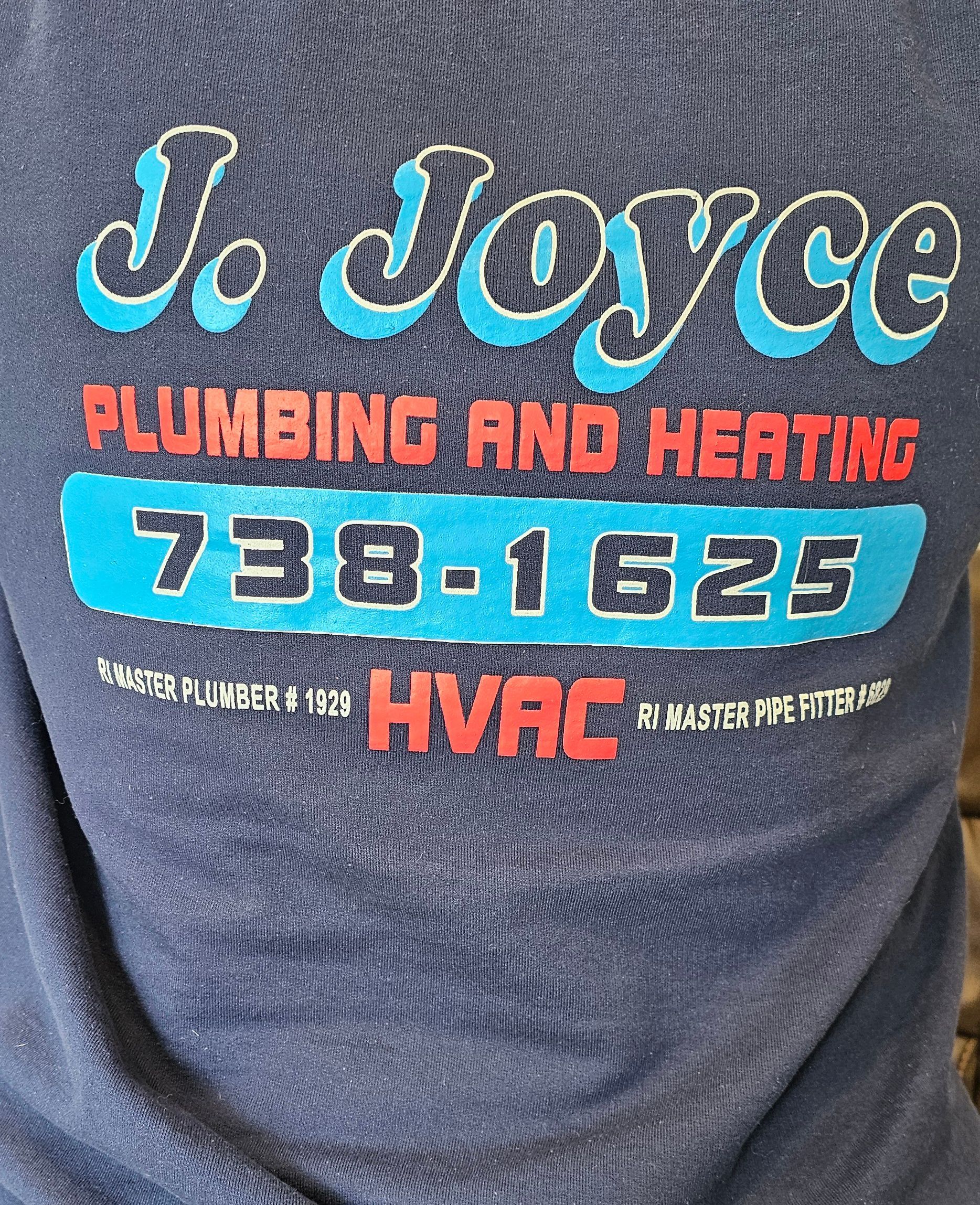 A person is wearing a shirt that says j. joyce plumbing and heating