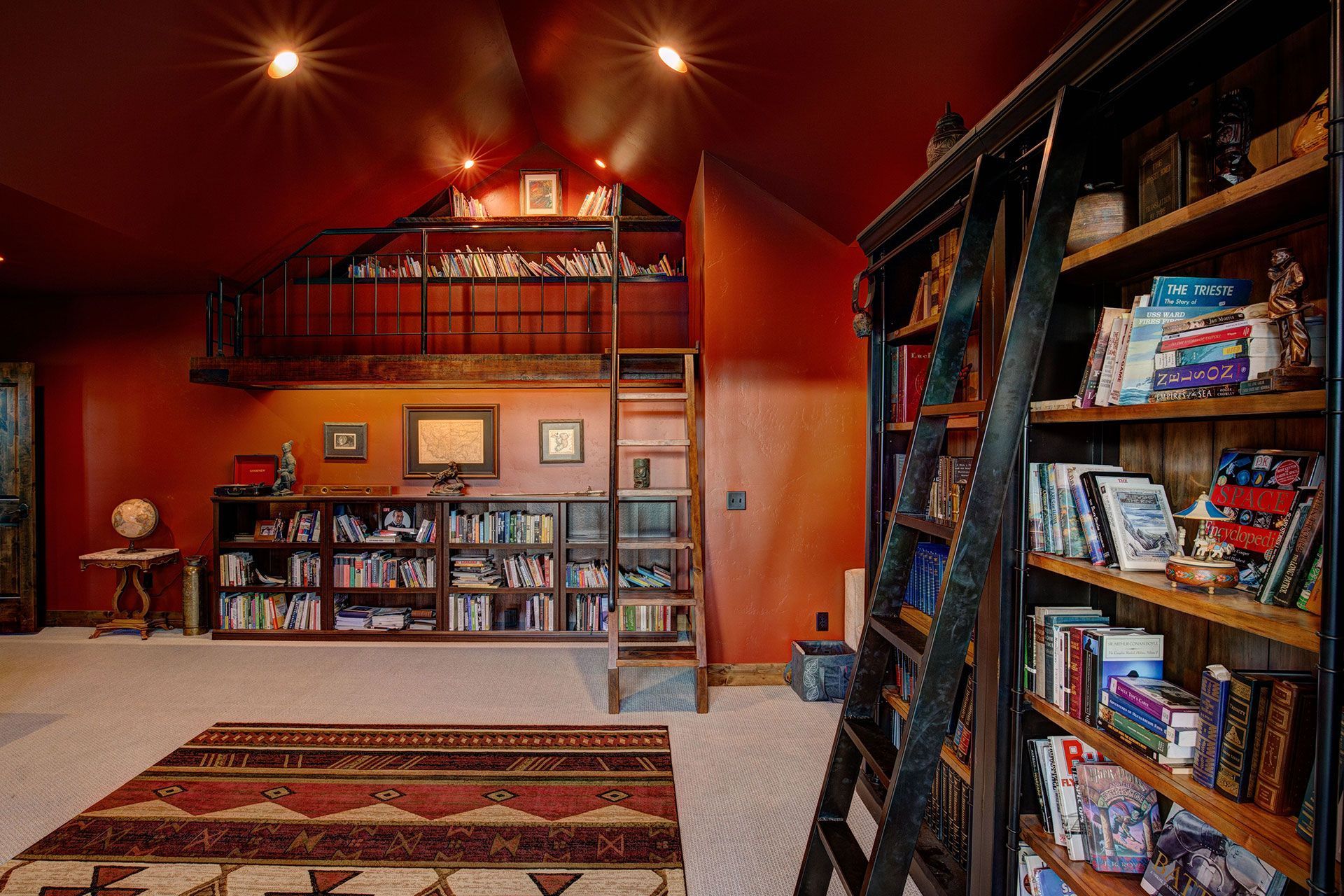 A library with a ladder and lots of books
