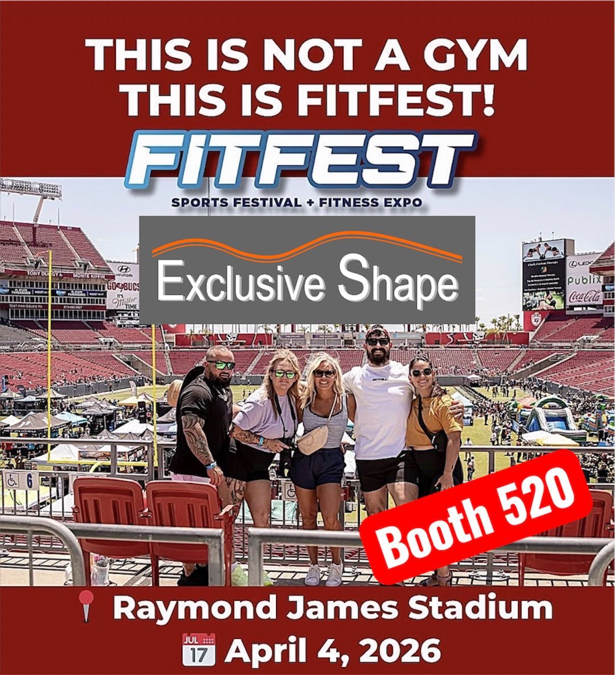 Five people pose at a stadium for the FitFest Sports Festival and Fitness Expo on April 4, 2026, at Booth 520.