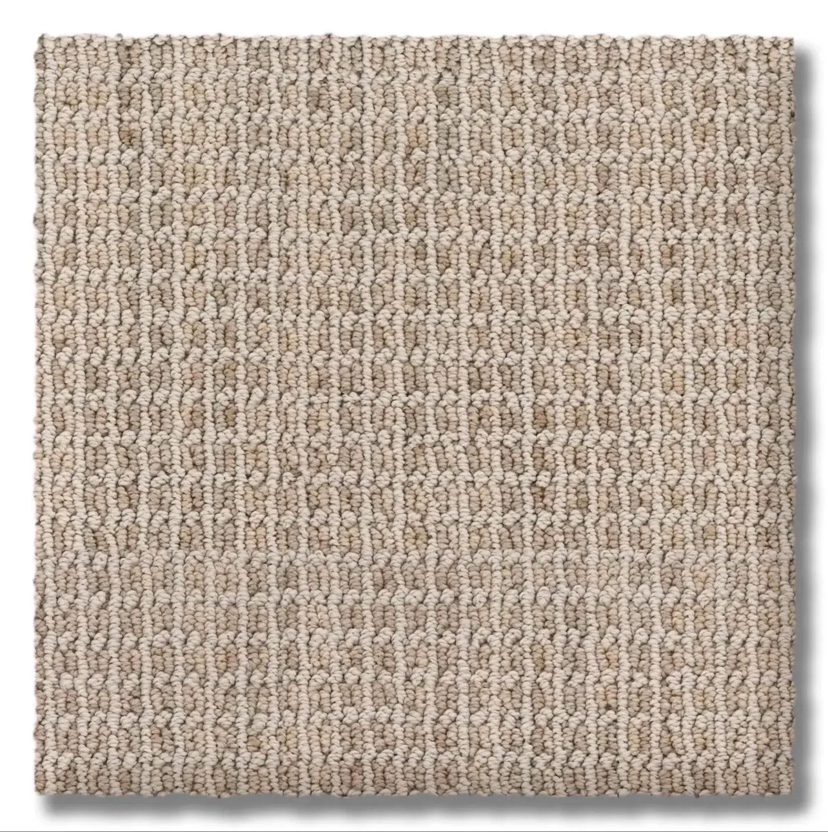 Close-up view of a square carpet sample in beige and light brown textured weave.