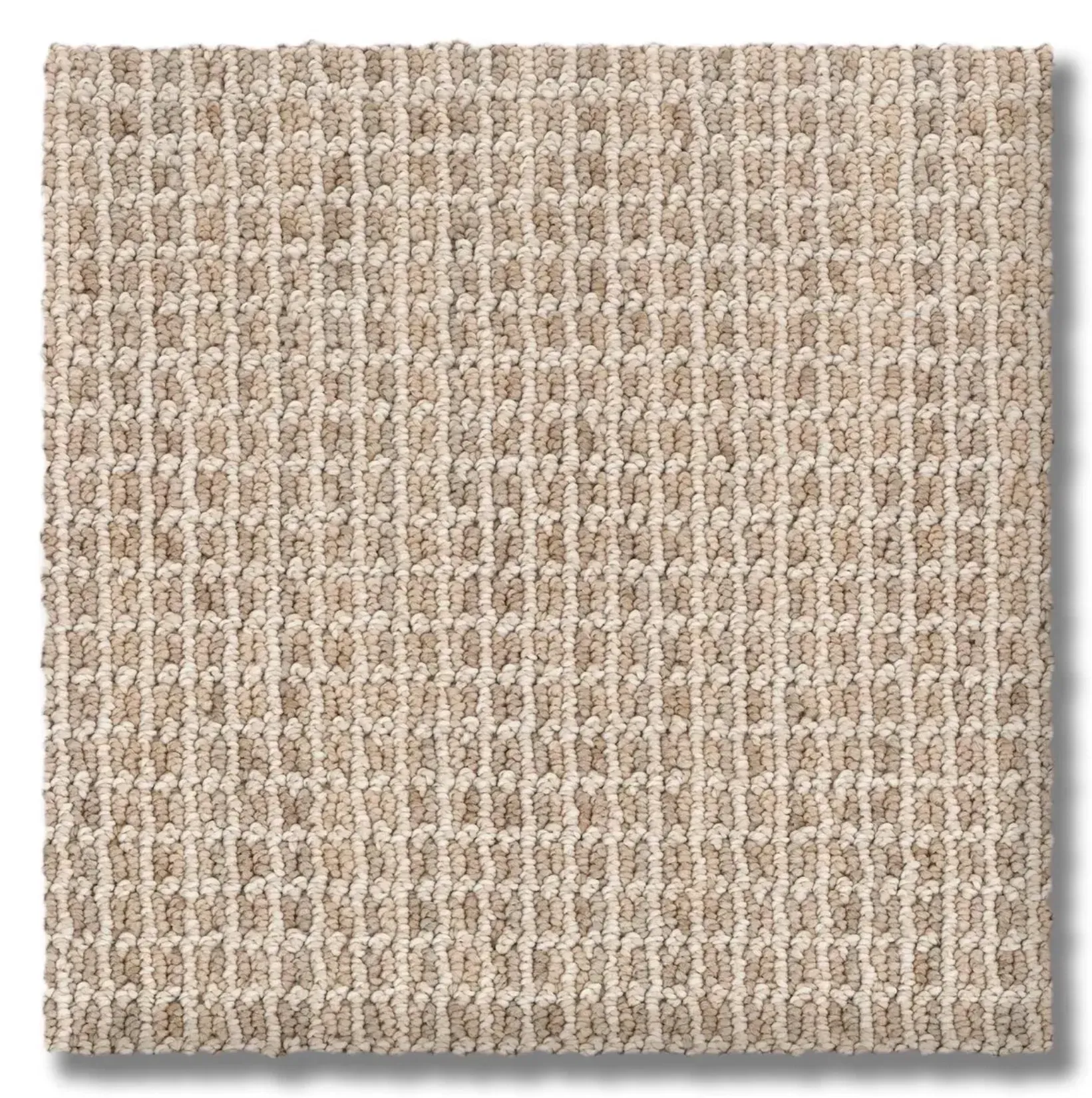 Beige and off-white square carpet tile with a textured, grid-like pattern.