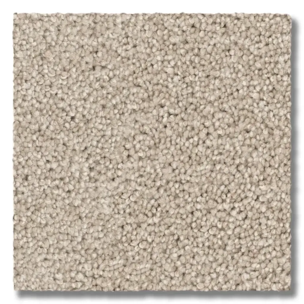 Square swatch of neutral-toned, textured carpet, appearing beige or light tan.
