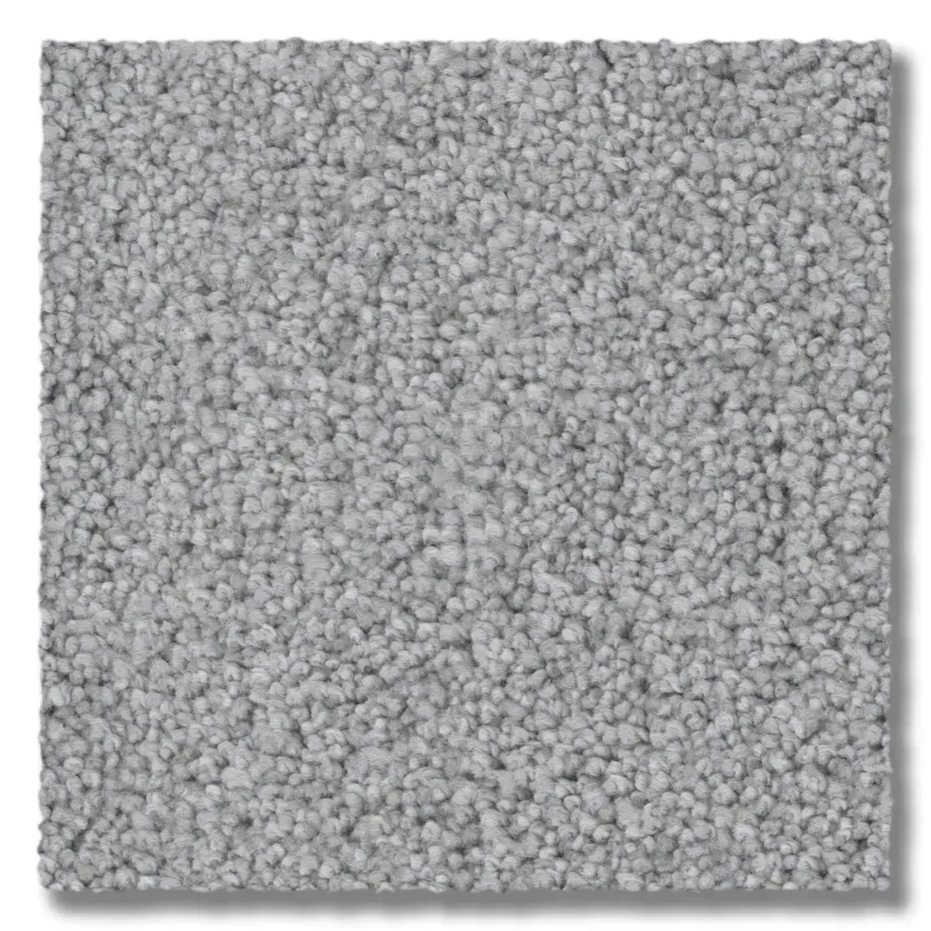Gray carpet sample with a textured, pebble-like appearance.