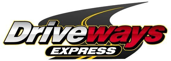 Driveways Express logo with road graphic, white, red, and black text.