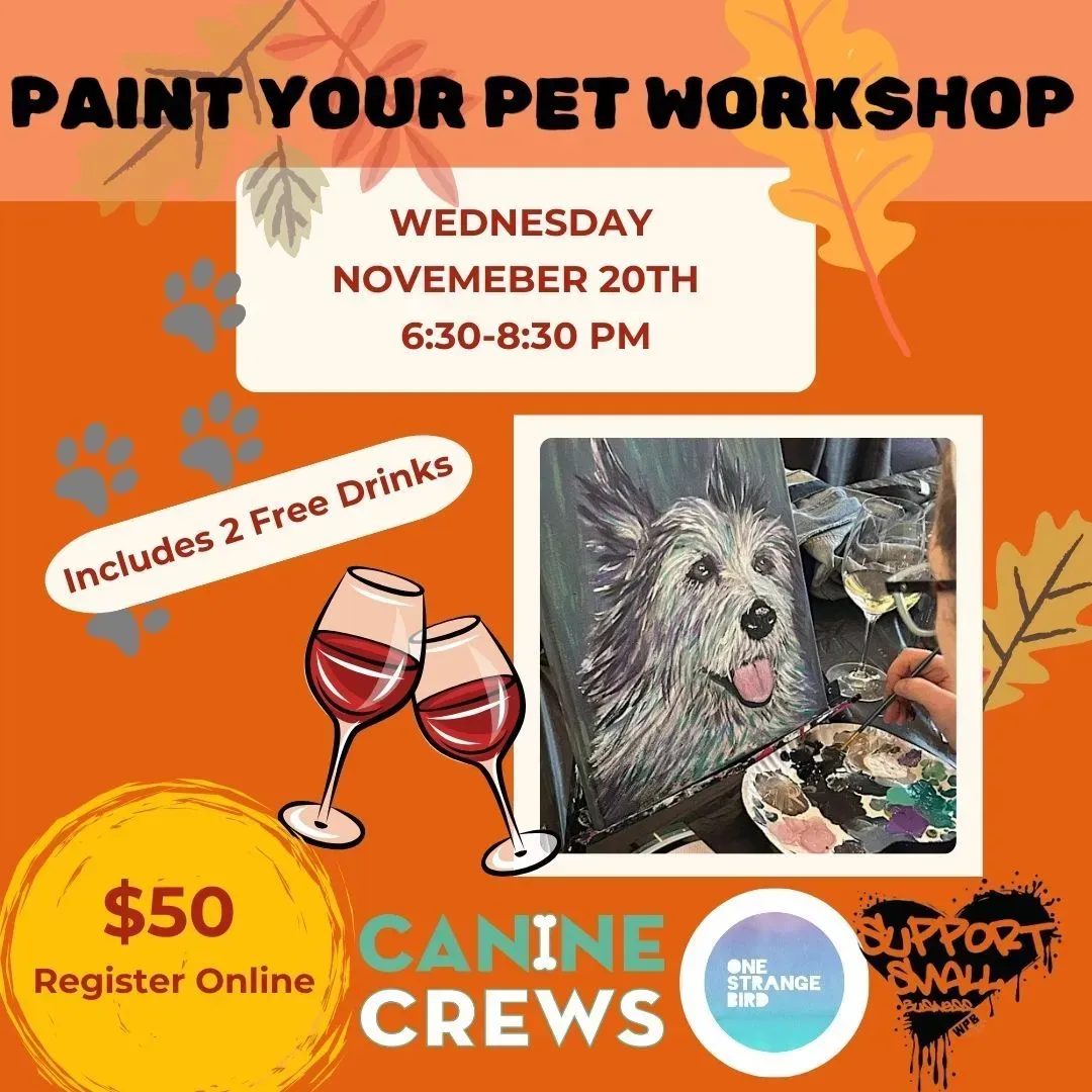 Paint Your Pet Workshop flyer with date, time, $50 registration, drinks, and pet portrait examples