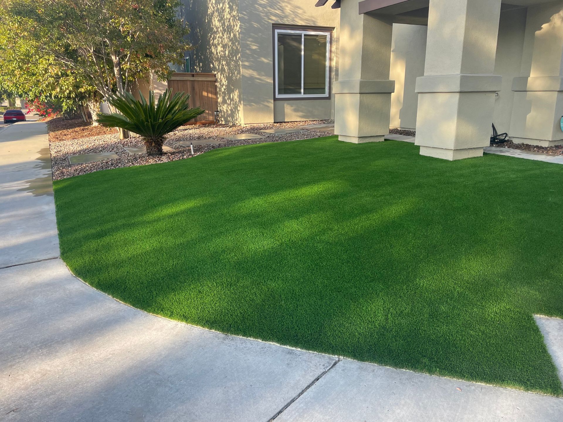 Lush green lawn in front of a house, framed by a concrete sidewalk. A small palm tree and landscaping rocks are nearby.
