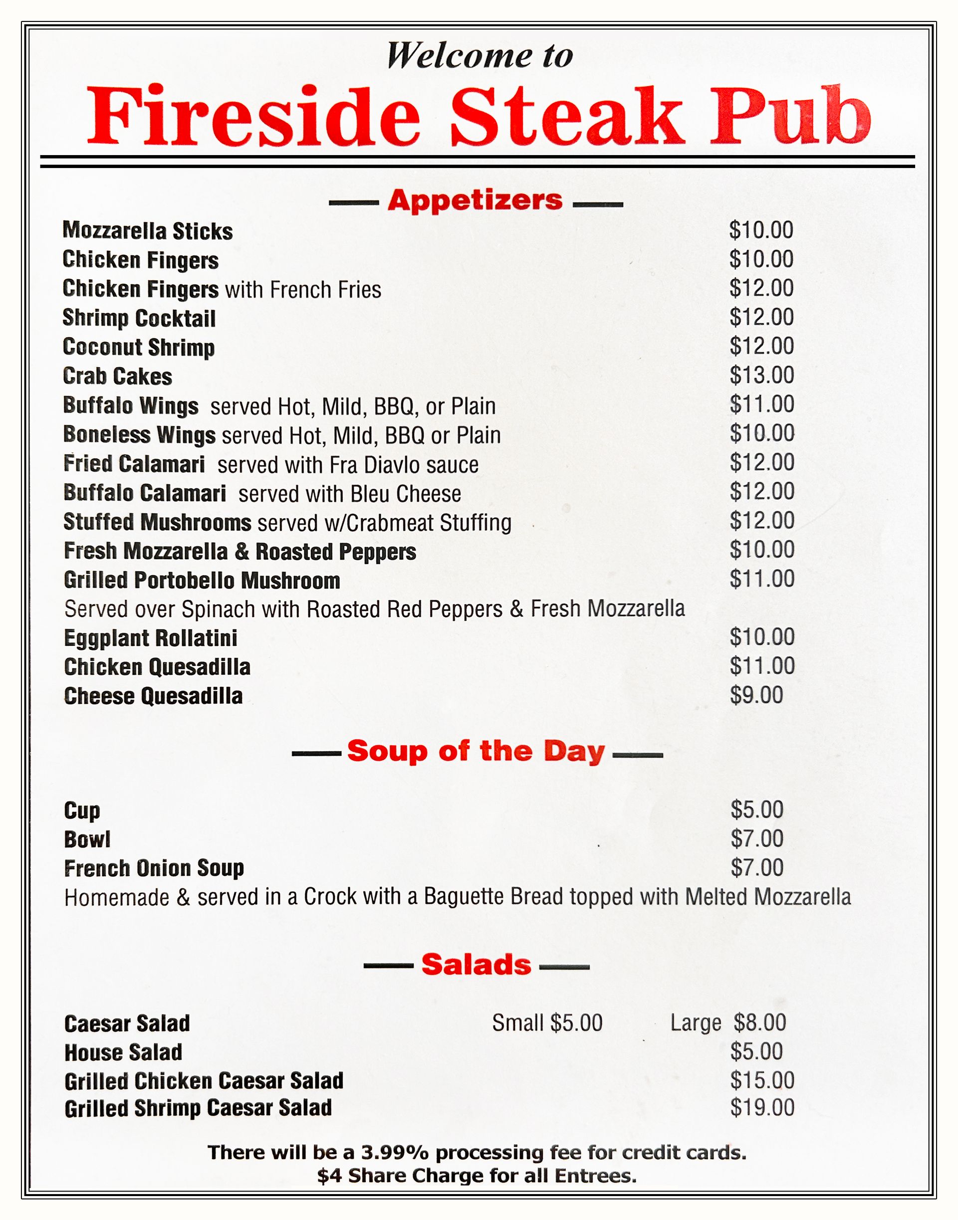 Appetizers, Soup of the Day, and Salads menu