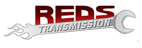 Logo for Red's Transmission: Red text over a silver wrench.