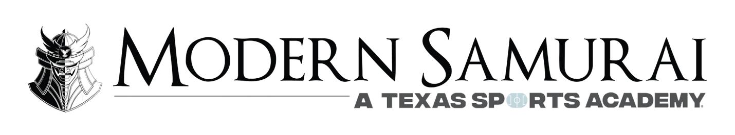 Logo of "Modern Samurai" with a samurai helmet design, "A Texas Sports Academy" is below.