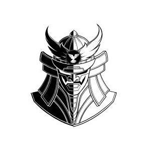 Black and white samurai helmet design with an eagle emblem, split in half with opposing colors.