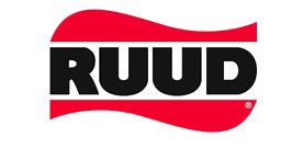 Ruud logo with black letters on a red wave-like background.