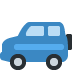 Blue cartoon car icon with two windows and black wheels