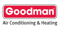 The logo for goodman air conditioning and heating is red and white.