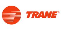 The logo for trane is red and white with a circle in the middle.