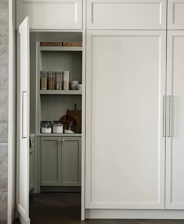 A pantry in a kitchen with a door open