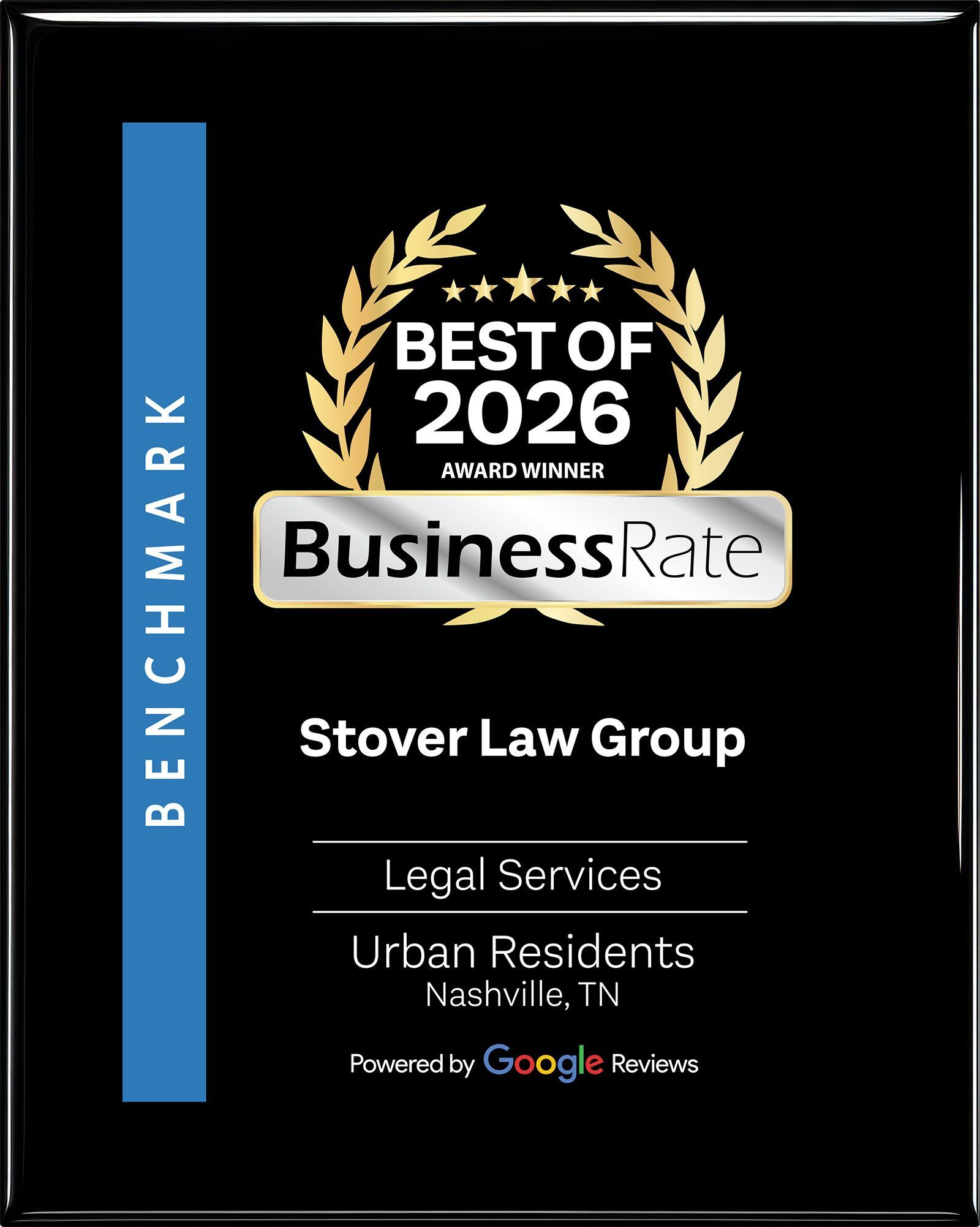 BusinessRate “Best of 2026” award plaque for Stover Law Group