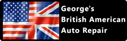 Logo for George's British American Auto Repair with US and UK flags on black background