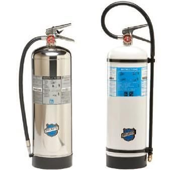 Two fire extinguishers, one silver and one white, shown side by side on a white background