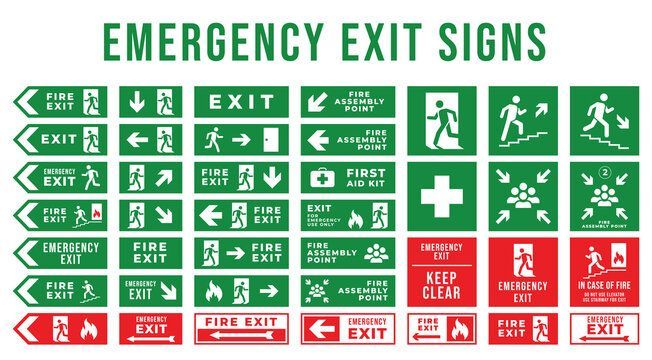 Green and red emergency exit signs showing arrows, running figures, and safety symbols