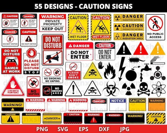 Collage of 55 caution and warning signs in red, yellow, black, and white with hazard icons and bold text.