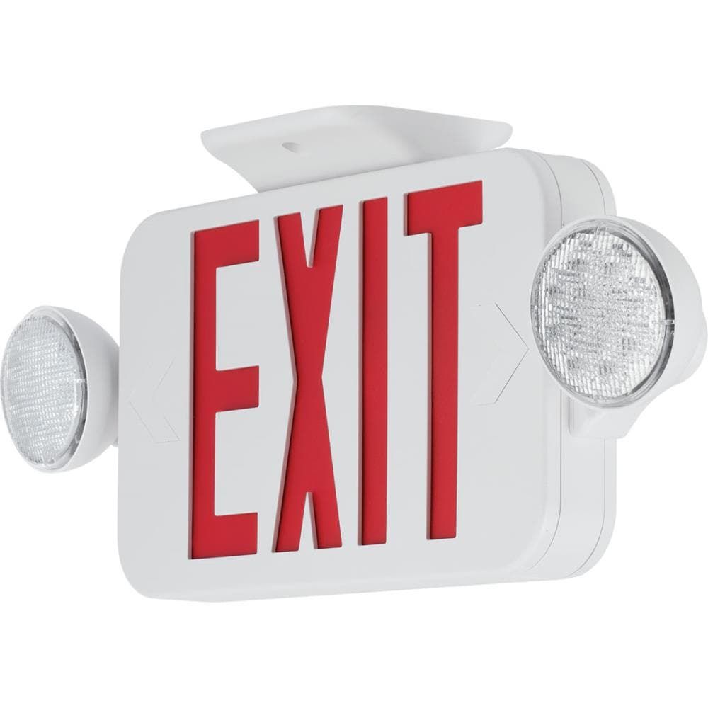 Red EXIT sign with white casing and side emergency lights
