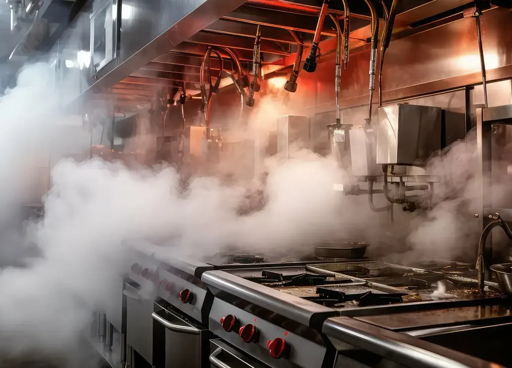 Smoke-filled commercial kitchen with stainless steel stoves and orange overhead lighting