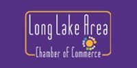 Long Lake Area Chamber of Commerce logo on purple background with orange border and gear icon
