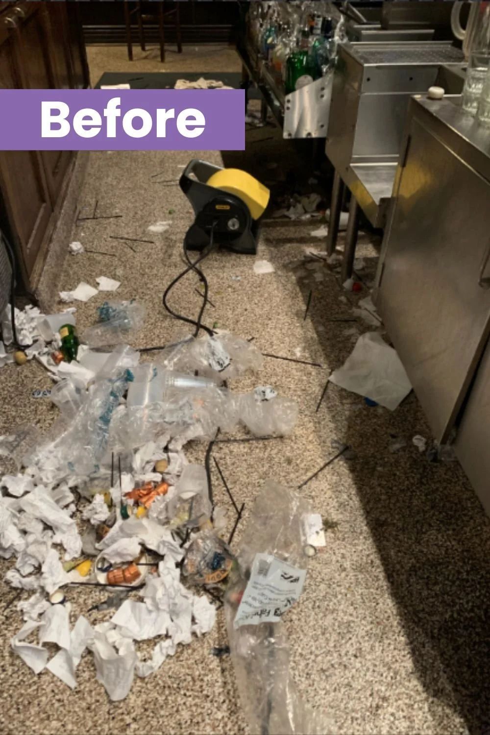Messy kitchen floor with trash and debris beside a yellow vacuum, labeled “Before”