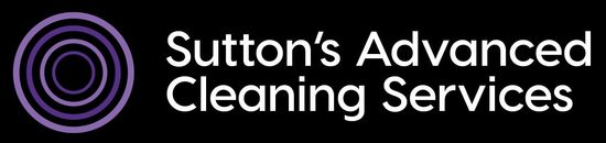 Sutton’s Advanced Cleaning Services logo with purple circular icon and white text on black background