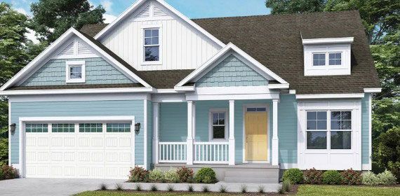 A light blue house with white trim, a yellow door, and a dark roof.