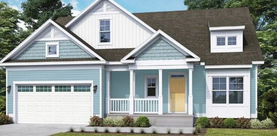 Blue craftsman style house with white trim, a yellow door, and a dark brown roof.