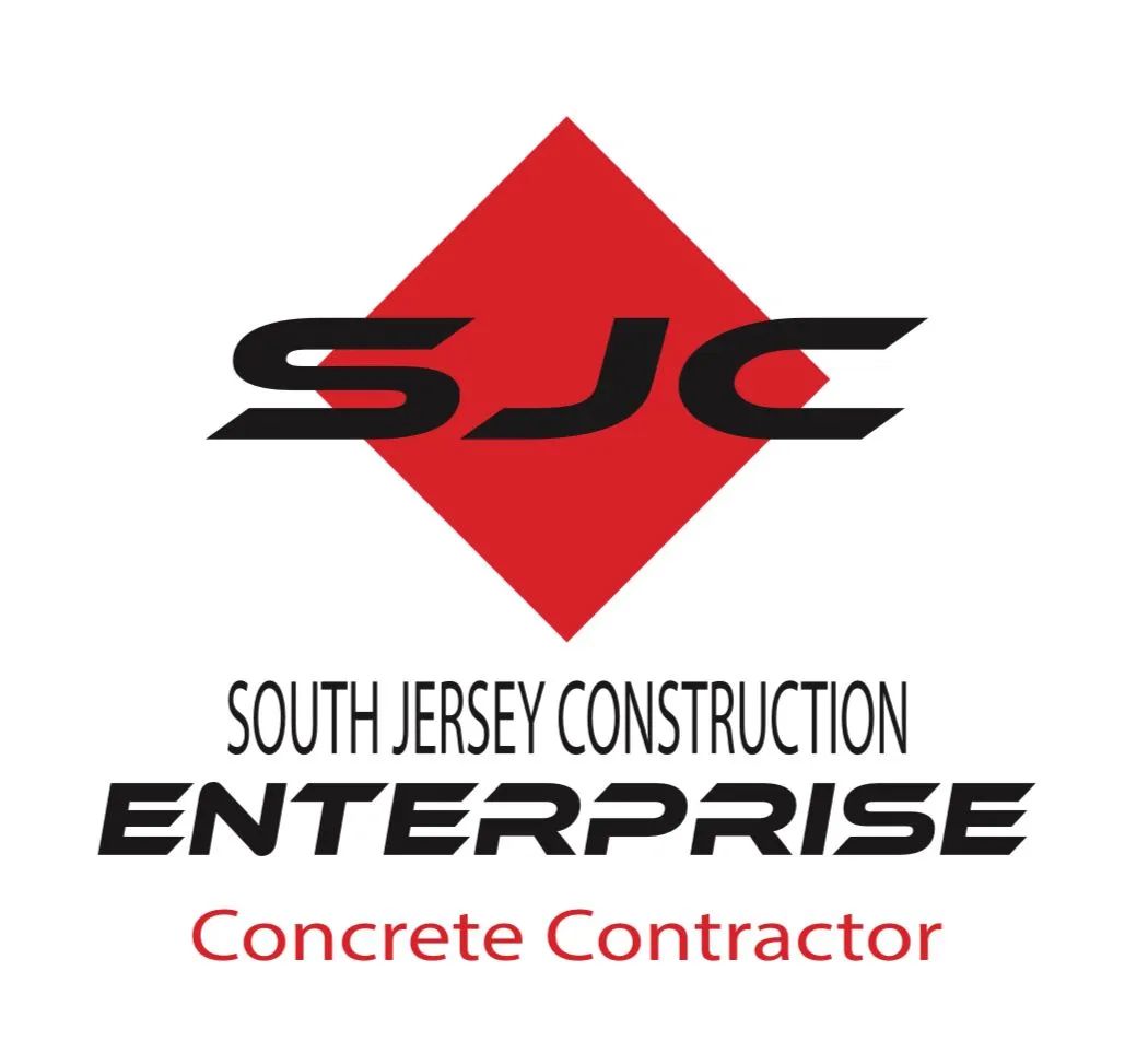 SJC logo with red diamond and black text for South Jersey Construction Enterprise, Concrete Contractor