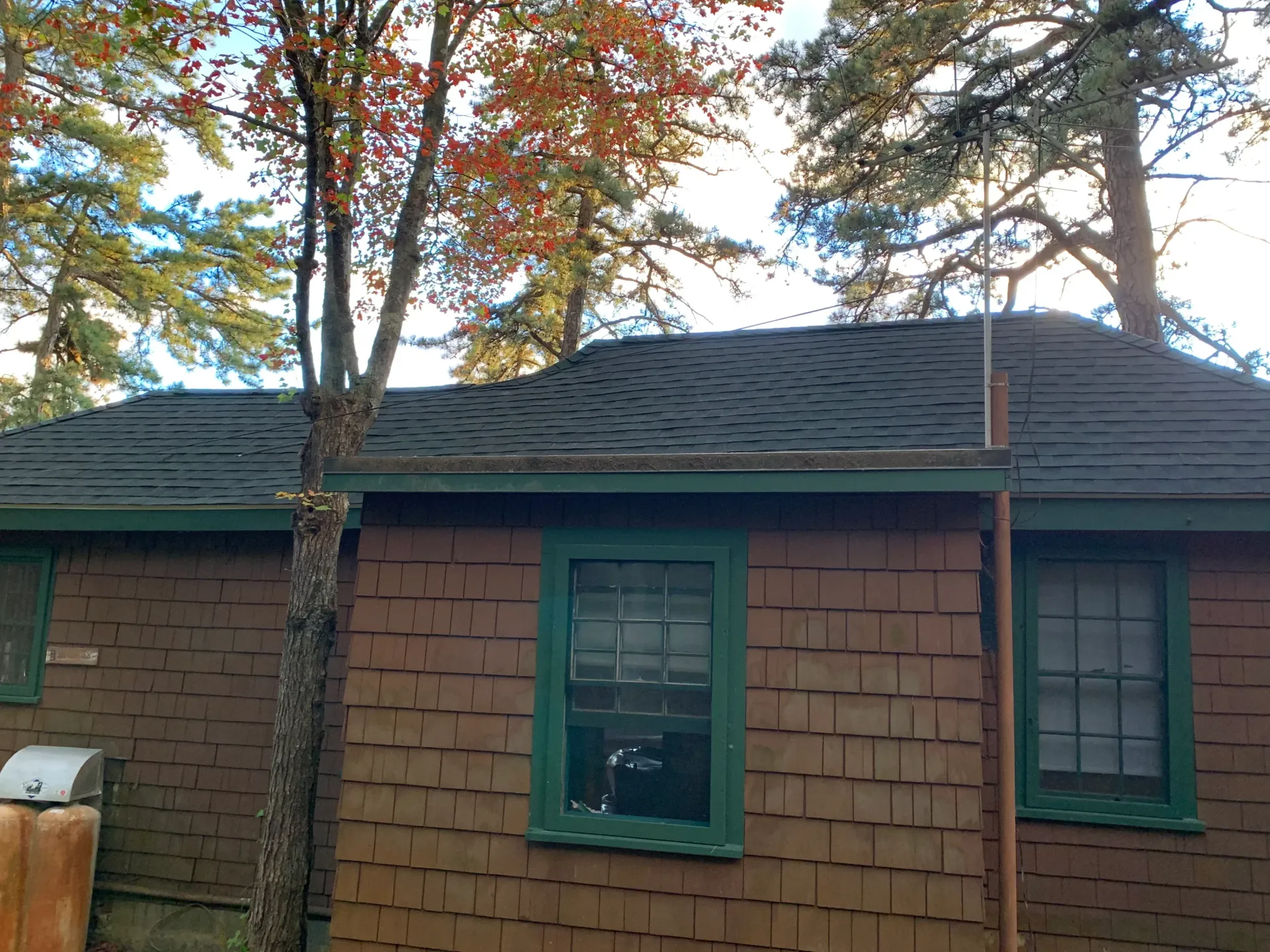 a brown house with green windows and a black roof is surrounded by trees .