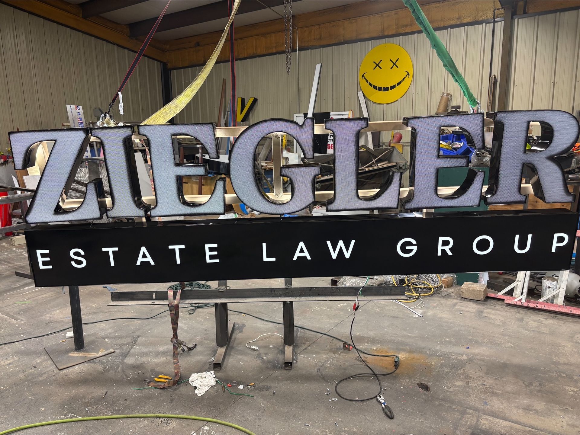 A large sign that reads 