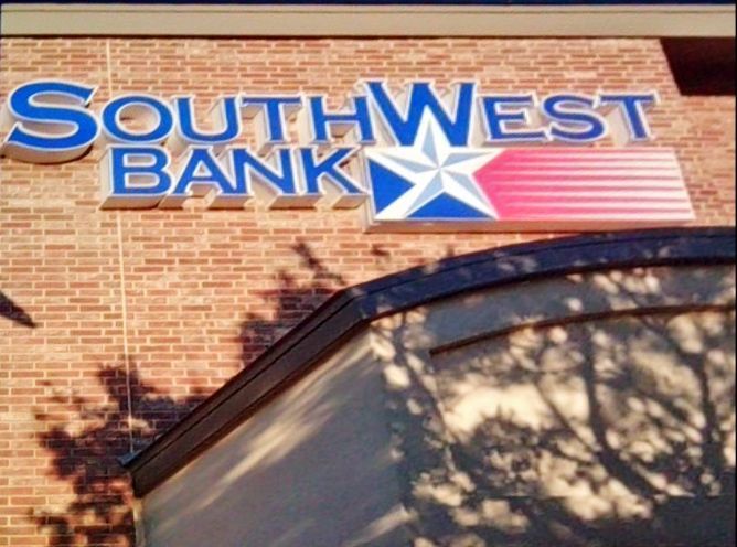 SouthWest Bank sign on a brick building