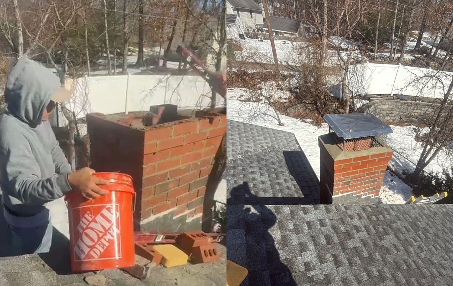 Roofer on a roof repairing a brick chimney. He's wearing a blue helmet and using a tool.