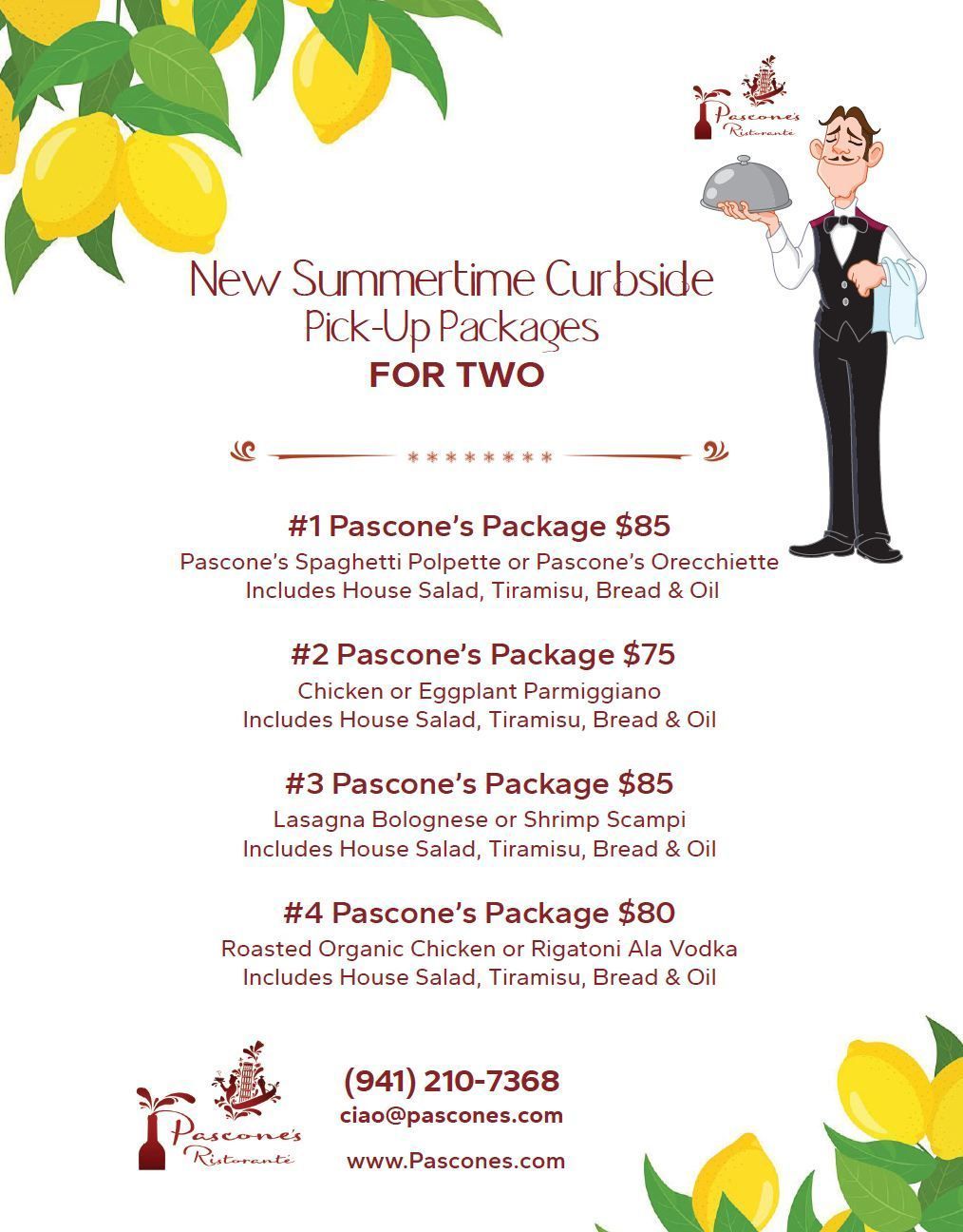 Advertisement for Pascone's offering summertime curbside pick-up packages for two.