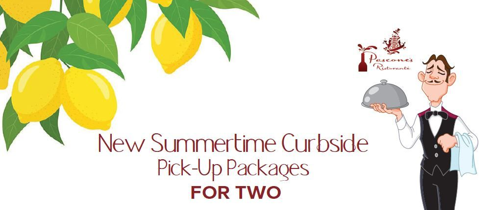A waiter holding a covered dish. Lemons and text advertise summertime curbside pick-up packages for two.