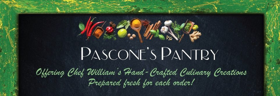 Sign: Pascone's Pantry; green frame, black chalkboard, spices, text, and chef.