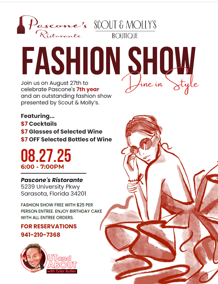 Fashion show at Pascone's Ristorante: woman sketch, cocktails, wine. August 27th, Sarasota, FL.