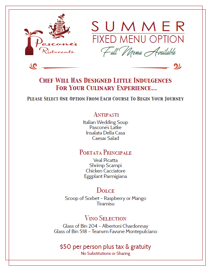 Summer fixed menu from Pasanno's Ristorante: Appetizers, Portata Principale, Dolce, and wine selections.