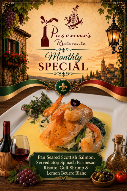 Pascone’s Restaurant monthly special: seared Scottish salmon with creamy sauce, rice, and greens on a festive table