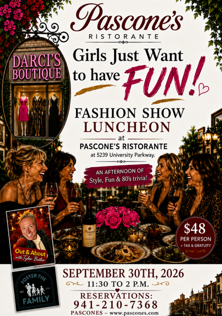 Fashion show luncheon poster at Pascone’s Ristorante with Girls Just Want to Have Fun! and September 30, 2026 details