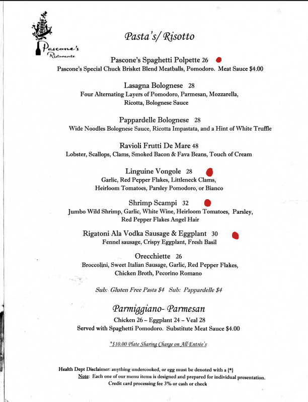 Menu for Poccino's Restaurant, listing pasta and risotto dishes. The text is black on a cream background.