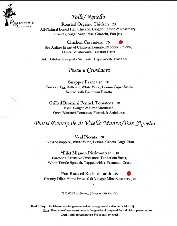 Menu with Italian dishes, featuring chicken, fish, and beef options.