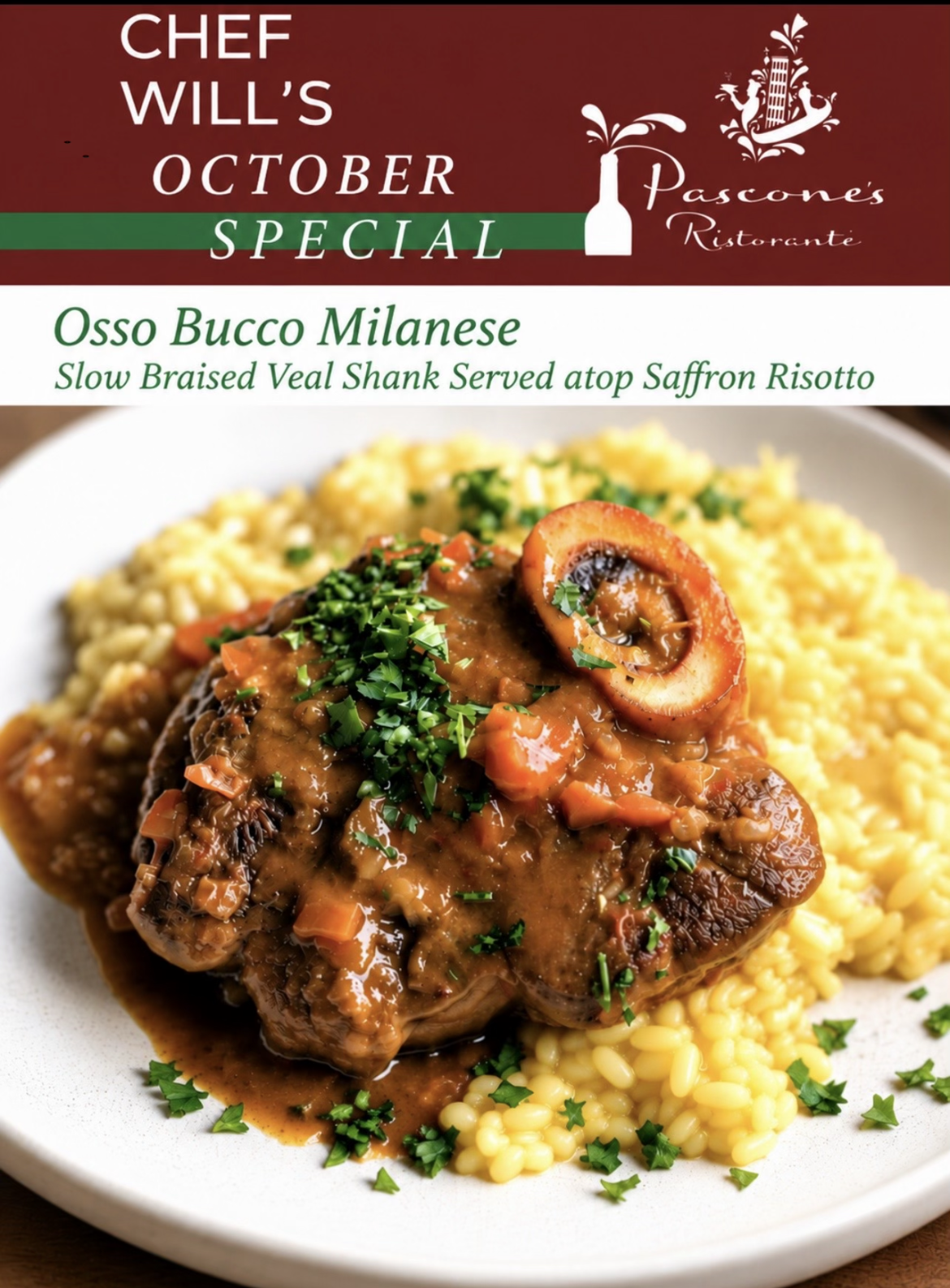 Pascone’s Restaurant monthly special: pan-seared salmon with shrimp, risotto, crab, and asparagus on a festive plate
