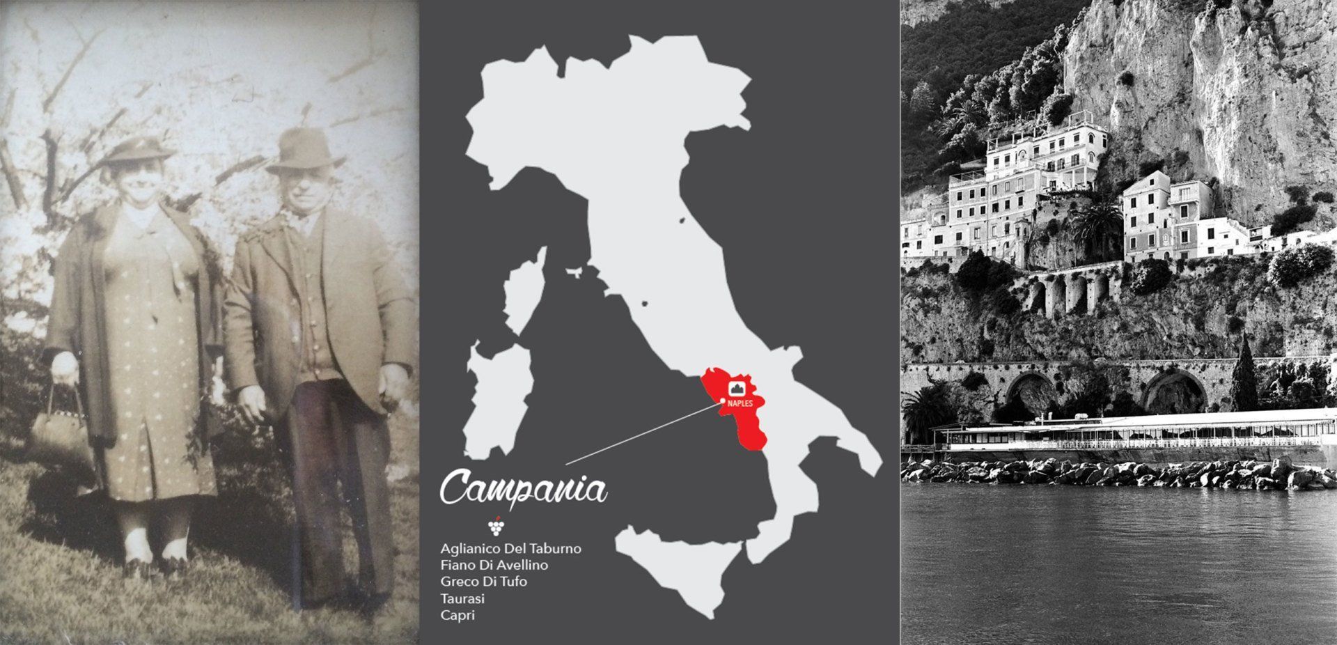 A black and white photo with a couple, map highlighting Campagna, Italy, and a coastal town.