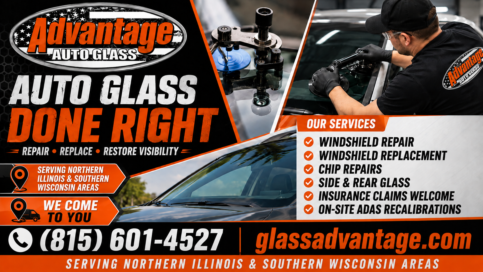 Advantage Auto Glass ad with shattered windshield, technician, services list, phone number, and website.