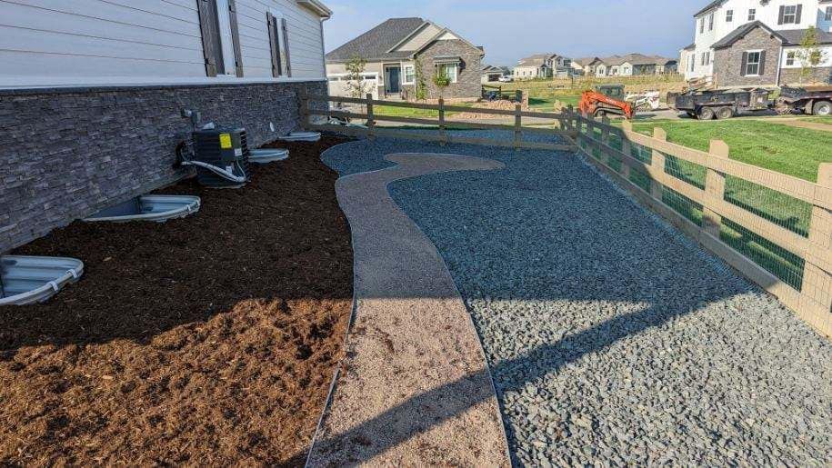 sand path (prepped for astroturf) with gravel and mulch xeriscape landscaping - no water - easy maintenance -