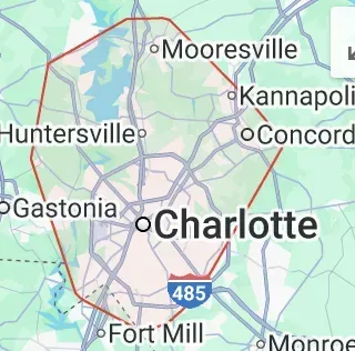 Map of Charlotte, NC, and surrounding areas. Red outline highlights a region with labeled cities like Charlotte, Gastonia, and Concord.